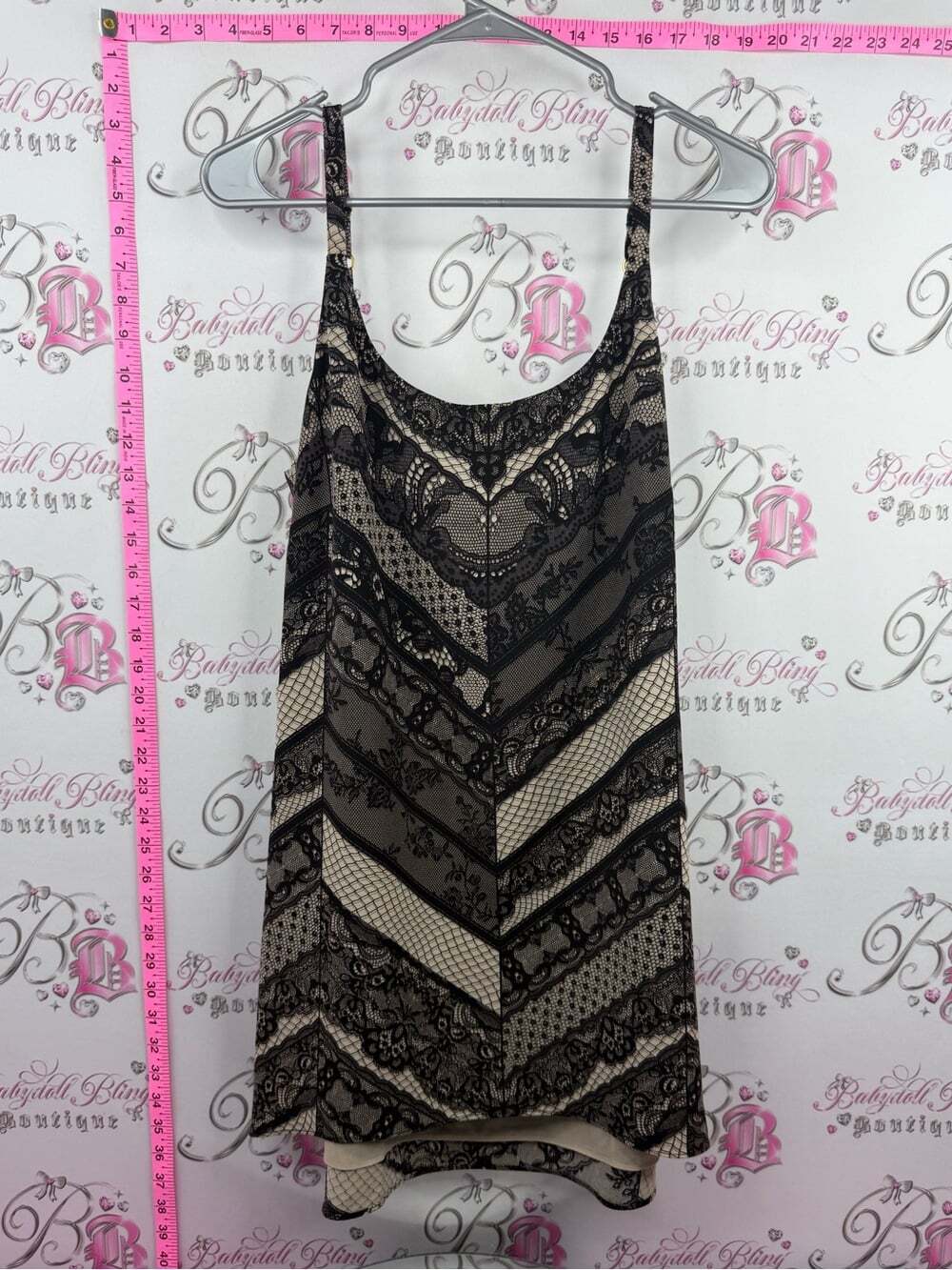 CAbi dress Black Lace Chevron Tank with Beige Underlay
